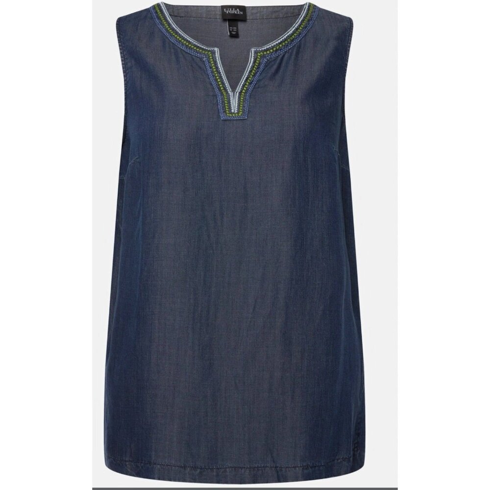 Ulla Popken Denim Blue Tunic Top Size 20/22 Embroidery Sleeveless Casual Tag $60